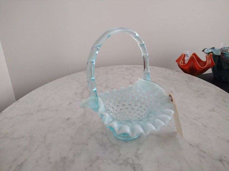 Fenton Blue Opalescent Hobnail Basket Approx 8"x8"