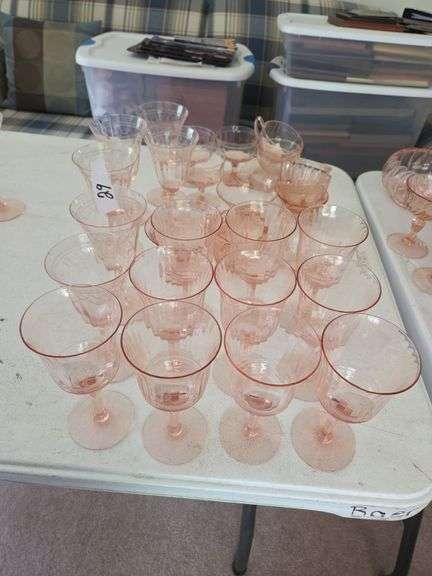 27 Pc Pink Depression Glass Assorted Glasses Cups, Candle Holder, Saucers