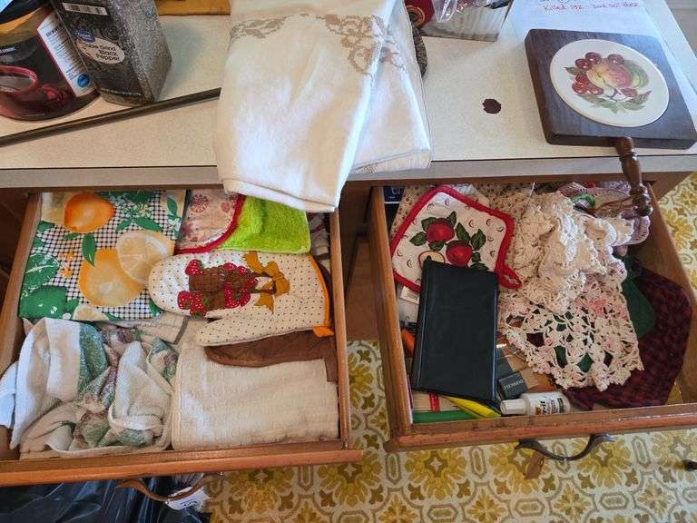 2 Drawers of Dish Towels, Hot Pads, Light Bulb, Markers, Battery, Matches, Calculator