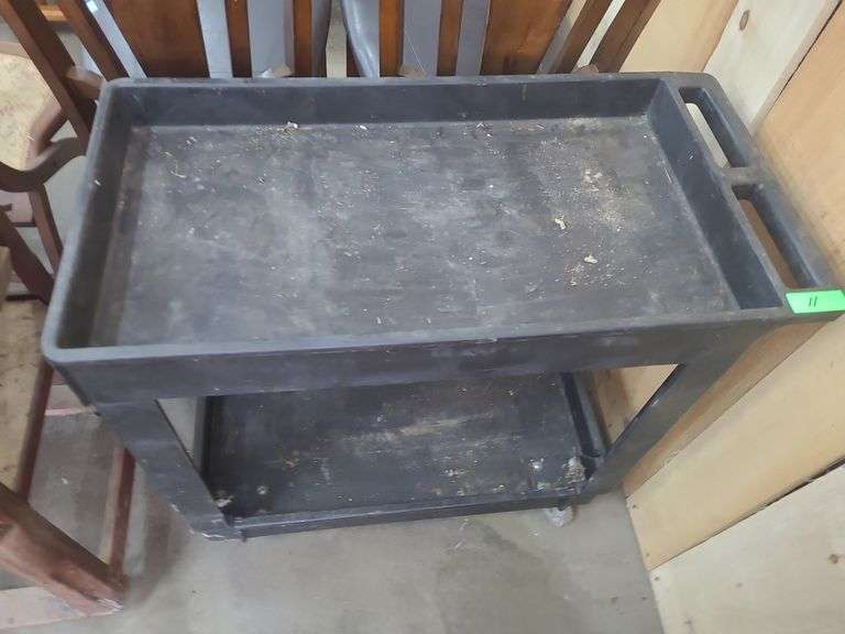 Plastic Cart, Wooden Work Bench, & Wooden Chair