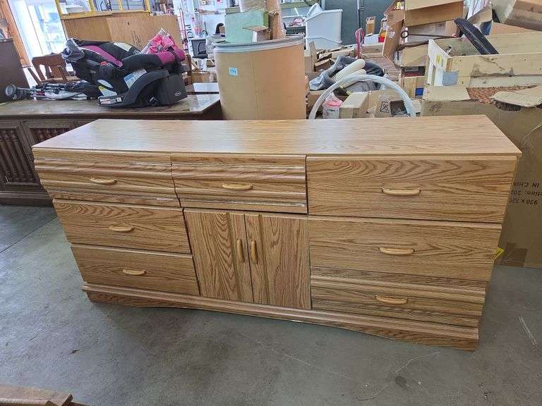 Oak Double Bow Bed Frame Approx. Full & 7 Drawer Dresser w/Mirror Approx 65"x26"x30" Tall-Mirror 50"x46"-8 Shelves Book Shelf Approx 24"x16"x66" Tall