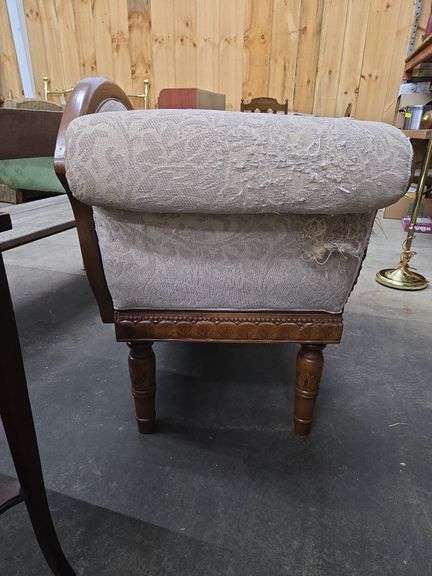 Vintage Upholstered Fainting Couch W/ Carved Swan (Has Damage) Approx 5' x 23" x 33" -Seat 18" High