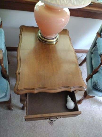 2 Wooden End Tables Approx 20"x21"x28" Tables Only No Contents, Matching Coffee Table In Basement ( 3 pcs)