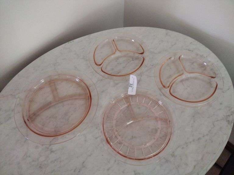 4 Vintage Pink Depression Glass Divided Plates