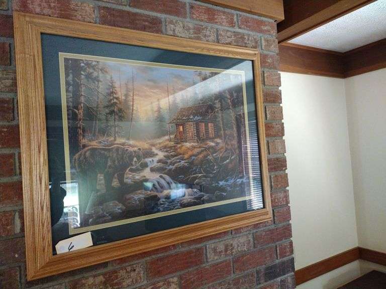 Framed J.Gibson Print - Bear & Cabin Approx 32"x26"