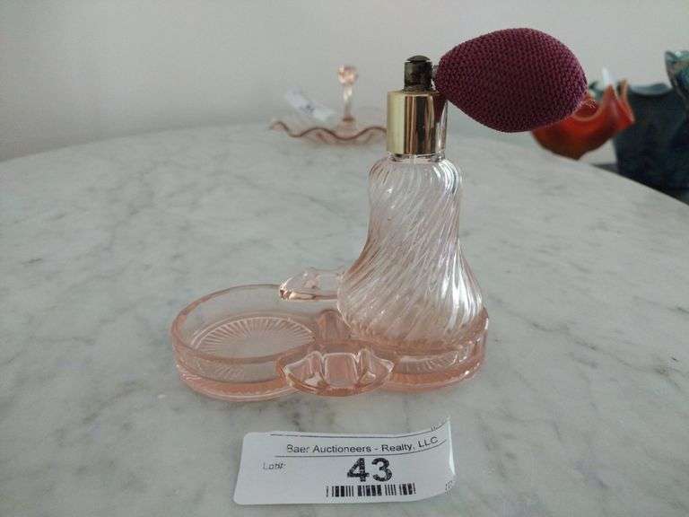Vintage Pink Depression Glass Perfume Atomizer w/Tray.  Tray has Section for Second Atomizer