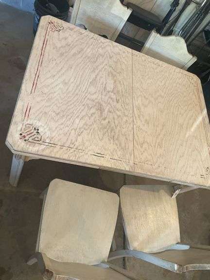 Vintage Hoosier Table and 4 Chairs with 1 Leaf Approximately 34x30 Without Leaf  and Lead is 16