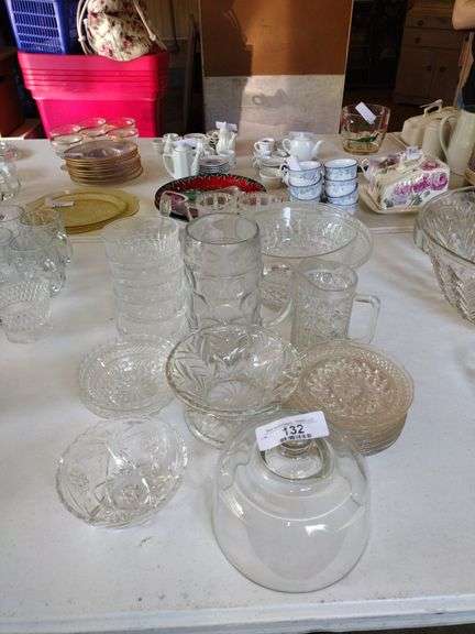 Approx 32 PCs Pressed Glass: Bowls, Snack Plates, Sugar & Creamer Set, Mugs