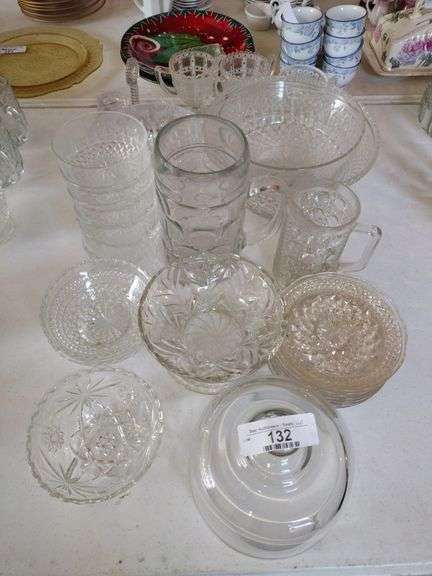 Approx 32 PCs Pressed Glass: Bowls, Snack Plates, Sugar & Creamer Set, Mugs