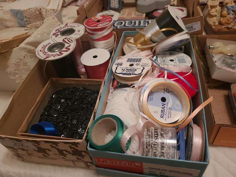 2 Boxes of Ribbon, Buttons, & Yarn