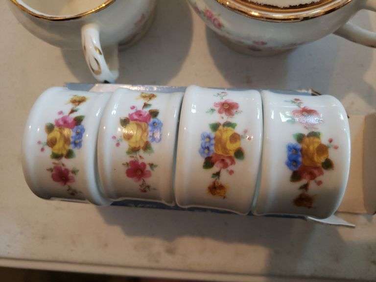 Pope Gosser Cream & Sugar Dishes, Royal Garden Teapot, & 4 Piece Porcelain Napkin Holders