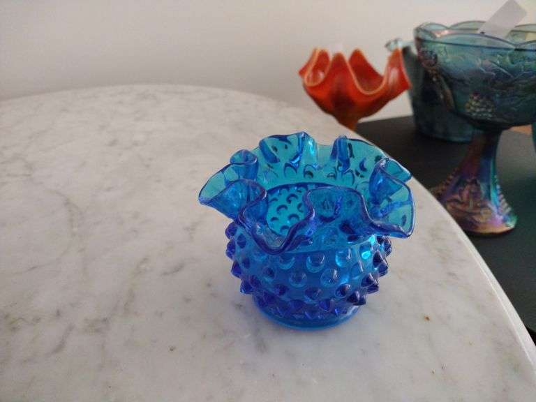 Fenton Ruby Hobnail Ruffled Glass Bowl Approx 8" & Colonial Blue 3" Hobnail Ruffled Bowl
