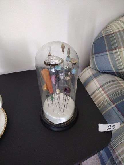 Approx 15 Antique/Vintage Hat Pins In Cloche Display