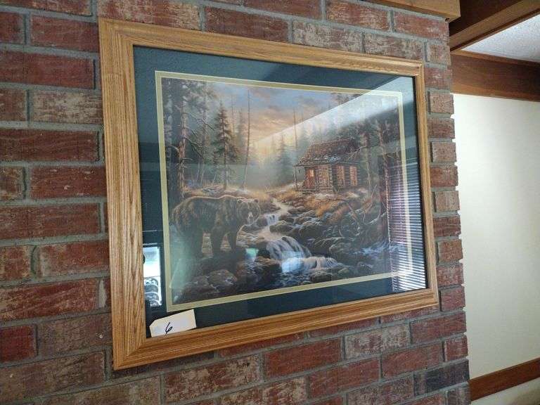 Framed J.Gibson Print - Bear & Cabin Approx 32"x26"