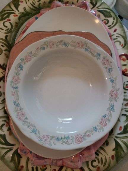 Fitz & Floyd Serving Dish, Easter Dish, Plastic Dish, Cunningham & Picket Decorative Plate, & Corningware Vintage Rose Bowl