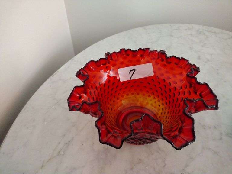 Fenton Ruby Hobnail Ruffled Glass Bowl Approx 8" & Colonial Blue 3" Hobnail Ruffled Bowl