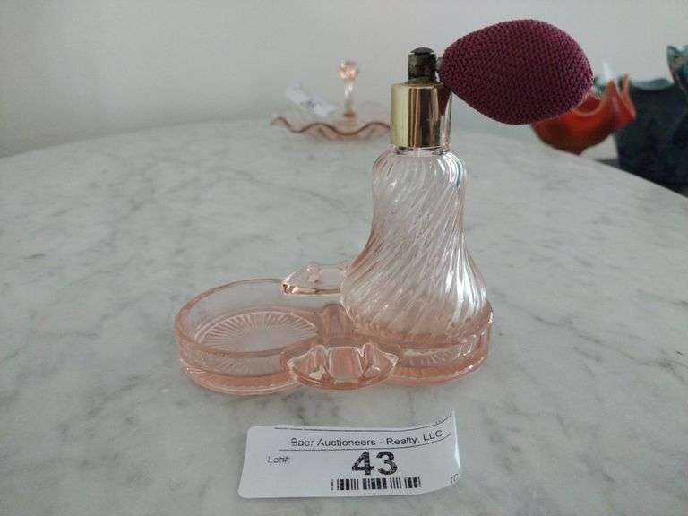 Vintage Pink Depression Glass Perfume Atomizer w/Tray.  Tray has Section for Second Atomizer