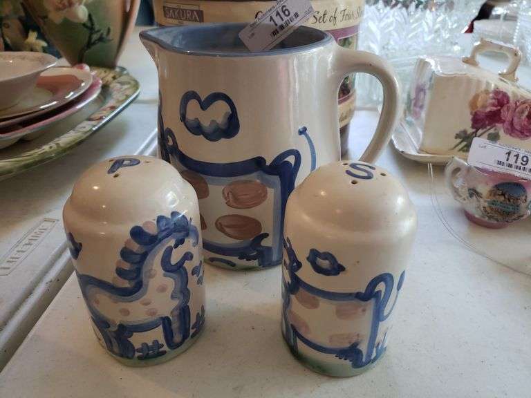 Vintage M.A. Hadley Stoneware Pitcher and Salt & Pepper Shakers