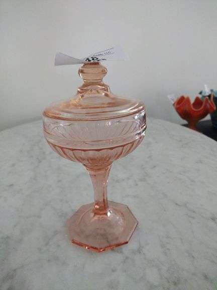 Vintage Pink Depression Glass Candy Dish w/Lid Approx 8"