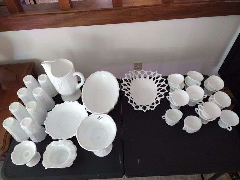 32 PCs of Vintage Milk Glass - Glasses, Pitcher, Bowls, Cups, Sugar & Creamer