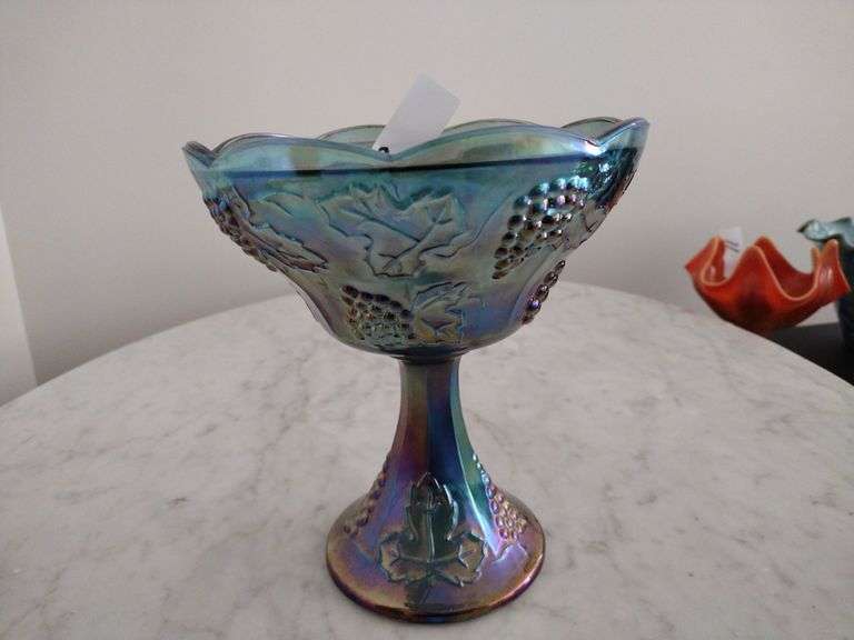 Blue Carnival Glass Candy Dish - Lid Missing