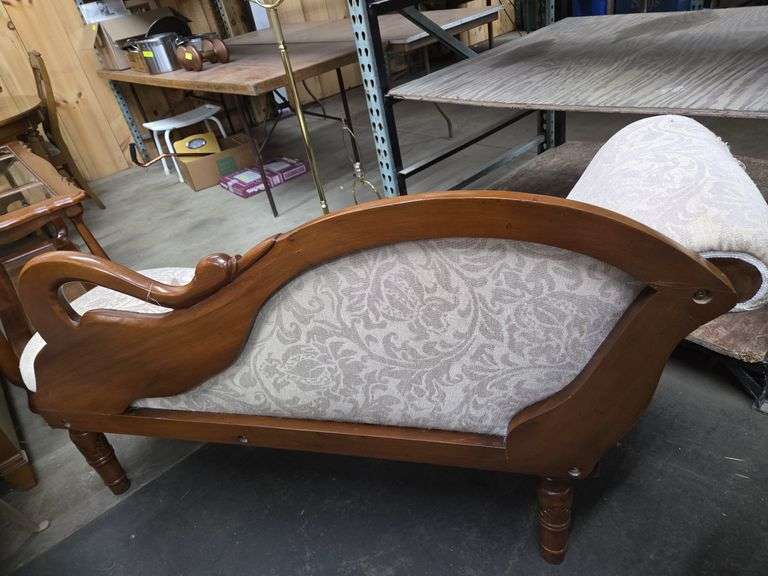 Vintage Upholstered Fainting Couch W/ Carved Swan (Has Damage) Approx 5' x 23" x 33" -Seat 18" High