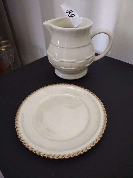 Longaberger Pottery Pitcher Approx 6" Tall & Pearl China Vintage Gold Rimmed 7" Plate