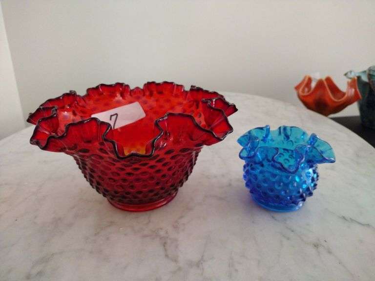 Fenton Ruby Hobnail Ruffled Glass Bowl Approx 8" & Colonial Blue 3" Hobnail Ruffled Bowl