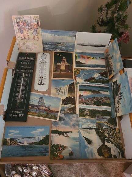 2 Vintage Thermometers & Assorted Post Cards