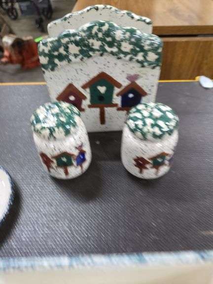 Bread Basket, Set of Bird House Design Salt & Pepper Shakers, Tooth Pick Holder, 2 Saucers