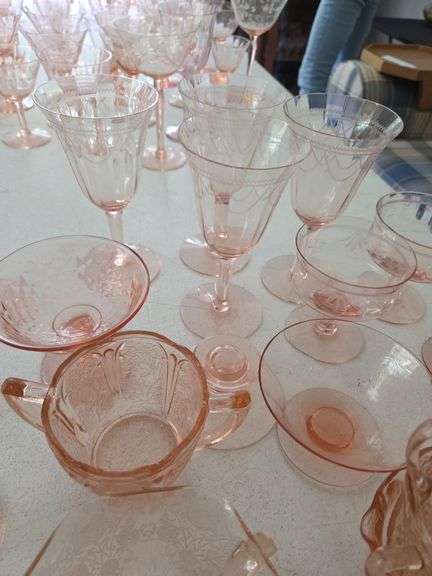 27 Pc Pink Depression Glass Assorted Glasses Cups, Candle Holder, Saucers