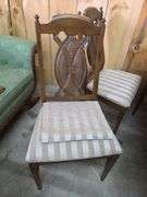 Table & 4 Upholstered Chairs Some Damage W/ 1 Leaf & Table Pads Approx 57" x 42" x 30" Tall - Leaf 10" Wide