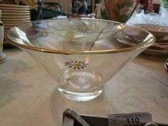 Vintage MCM Daisy Pattern Hand Painted Glass Bowl