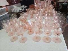 27 Pc Pink Depression Glass Assorted Glasses Cups, Candle Holder, Saucers