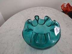 Vintage Blenko Hand Blown, Crimped Glass Bowl Approx 8"