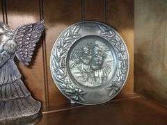 3 PCs Pewter: Teapot w/Wooden Handle, Angel Candle holder, & Vintage 1976 Christmas Plate