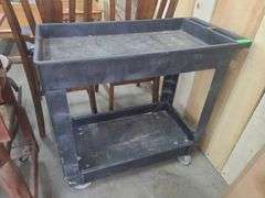 Plastic Cart, Wooden Work Bench, & Wooden Chair
