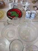 Approx 32 PCs Pressed Glass: Bowls, Snack Plates, Sugar & Creamer Set, Mugs