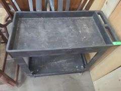 Plastic Cart, Wooden Work Bench, & Wooden Chair