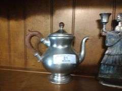 3 PCs Pewter: Teapot w/Wooden Handle, Angel Candle holder, & Vintage 1976 Christmas Plate