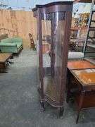 Antique Curved Front China Cabinet W/ Claw Feet Wooden Shelves  & Key ( Approx 34" x 15" x 59" Tall)