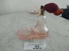 Vintage Pink Depression Glass Perfume Atomizer w/Tray.  Tray has Section for Second Atomizer