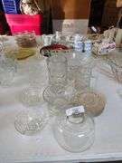 Approx 32 PCs Pressed Glass: Bowls, Snack Plates, Sugar & Creamer Set, Mugs