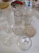 Approx 32 PCs Pressed Glass: Bowls, Snack Plates, Sugar & Creamer Set, Mugs