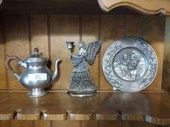3 PCs Pewter: Teapot w/Wooden Handle, Angel Candle holder, & Vintage 1976 Christmas Plate