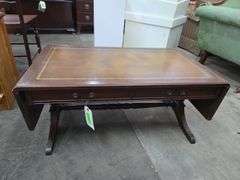 Leather Top Drop Leaf Ends Coffee Table- Approx 3' x 21" x 15" Tall- Ec. Drop Leaf 9"