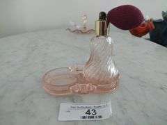 Vintage Pink Depression Glass Perfume Atomizer w/Tray.  Tray has Section for Second Atomizer