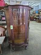 Antique Curved Front China Cabinet W/ Claw Feet Wooden Shelves  & Key ( Approx 34" x 15" x 59" Tall)
