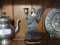 3 PCs Pewter: Teapot w/Wooden Handle, Angel Candle holder, & Vintage 1976 Christmas Plate