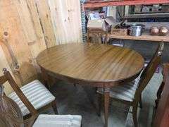Table & 4 Upholstered Chairs Some Damage W/ 1 Leaf & Table Pads Approx 57" x 42" x 30" Tall - Leaf 10" Wide